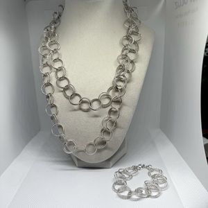 Silver Tone Modernist Long Double Circle Link Necklace and bracelet set